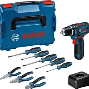 Bosch Blå Batteriverktygssats Kombipaket GSR 12V-15 + Handverktyg (8x) | 2x GBA 12V 2,0Ah + GAL 12V-20